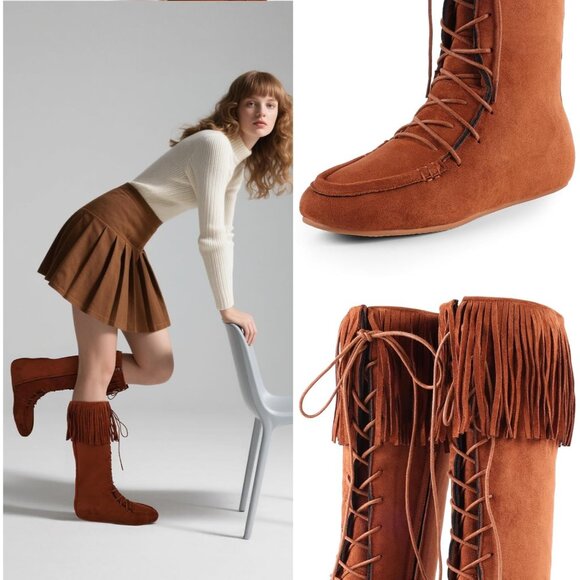 ⚡Women's Brown Lace Up Suede Knee High Flat Boots with Zipper Mid Calf - Picture 3 of 6